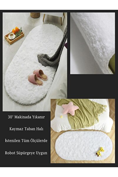 STORY TALE Beyaz Peluş Post Antibakteriyel Yıkanabilir Yumuşak Oval Yuvarlak ...