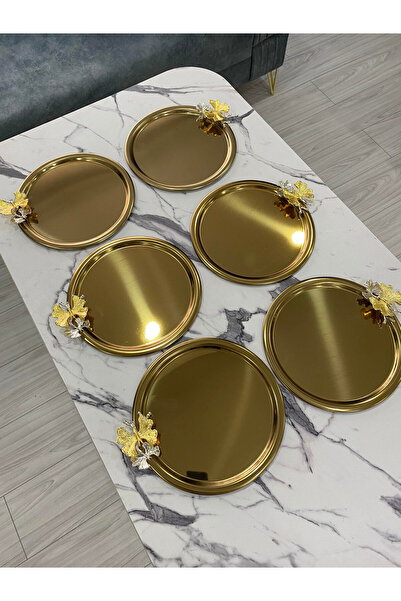 Mira züccaciye 6'lı Kelebekli Yuvarlak Gold Sunum Tepsisi Dekoratif Servis Tepsisi Çay, Kahve 22 Cm
