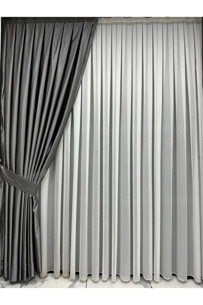 Taç Gri Kuşak Çizgili Saten Fon Perde (YENİ SEZON) Sık Pile 1/3