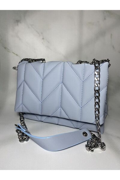 Must Leather Mavi Omuz Baklava Desenli Zincirli Omuz Çantası