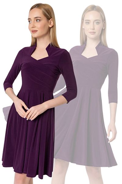 Laranor Magnificent Collar Plum Three-Quarter Sleeve Flared Dress - Day and Night Elegant
