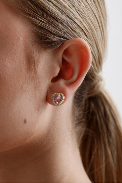 KAMPANİX Stylish Pink Stone Heart Gold Trend Model A Quality Women's Earrings