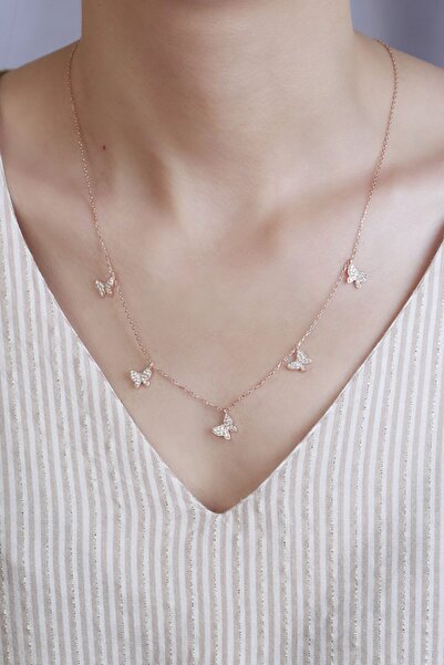 Else Silver Kadın Pembe Kelebekli Gümüş Şans Kolyesi