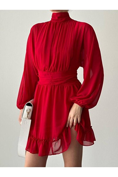 popibutik Dik Yakalı Drapeli Mini Kırmızı Şifon Elbise