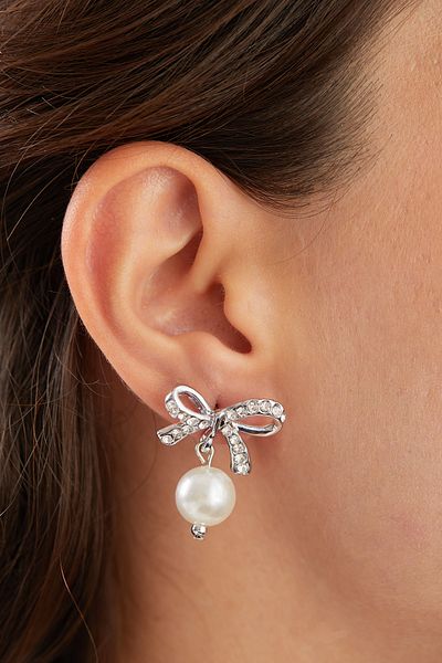 Elika Silver Bow Model Earrings - pearl Detailed