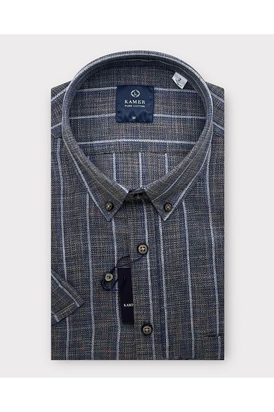 KAMER Men's Regular Fit Short Sleeve 100% Cotton Striped Anthracite Shirt 9439A