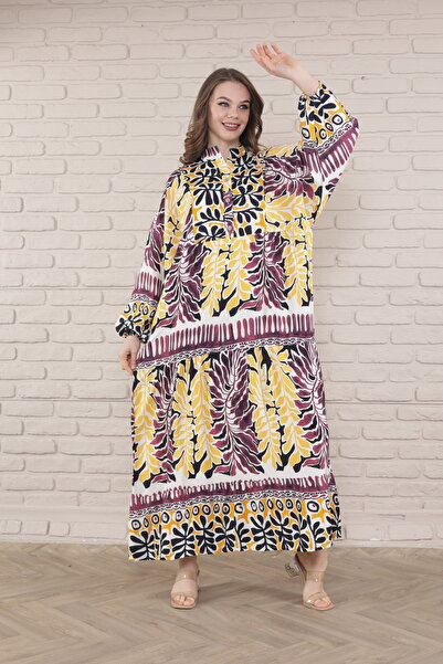 mervemoda Plus Size Women's Dress - Front Buttoned and Woven