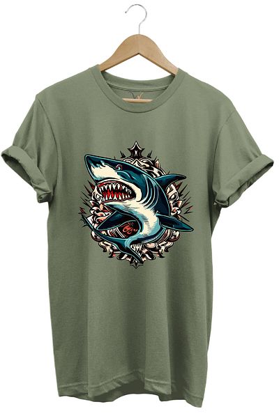 WİDİ Μπλουζάκι με στάμπα Shark Sea Sand Sun Shark με κανονική εφαρμογή 100% βαμβακερό χακί