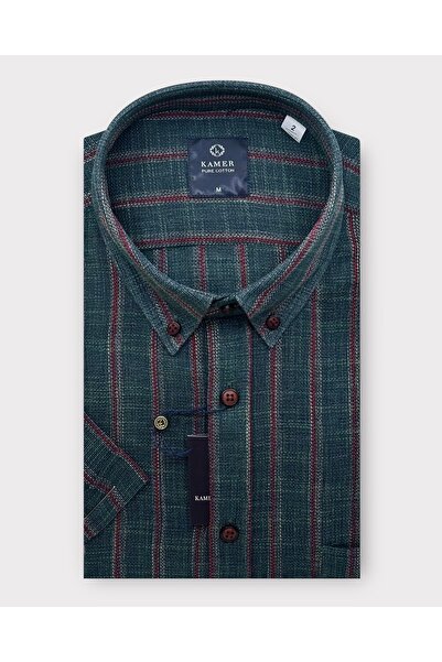 KAMER ERKEK REGULAR FIT KISA KOL %100 PAMUK ÇİZGİLİ YEŞİL GÖMLEK 9439Y