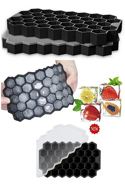İndirimKap 37-Piece Honeycomb Shaped Silicone Ice Box with Lid - Ice Cube for Cocktails, Fruits and Ice Cream