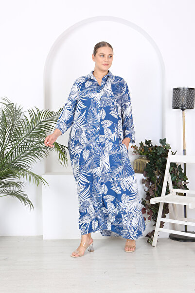 XL Modam Rochie cămașă din viscoză de mărime mare - model cu frunze albastre