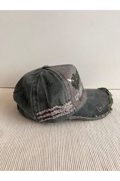 CosmoOutlet Black Rebel Nakışlı Yıkamalı Eskitme Model Arkasından Ayarlanabilir Unisex Haki Renk Şapka