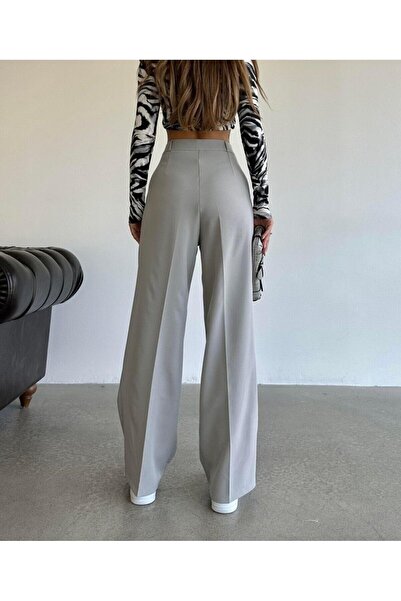 modazoom Жіночі сірі штани з високою талією, широкими штанинами та складками