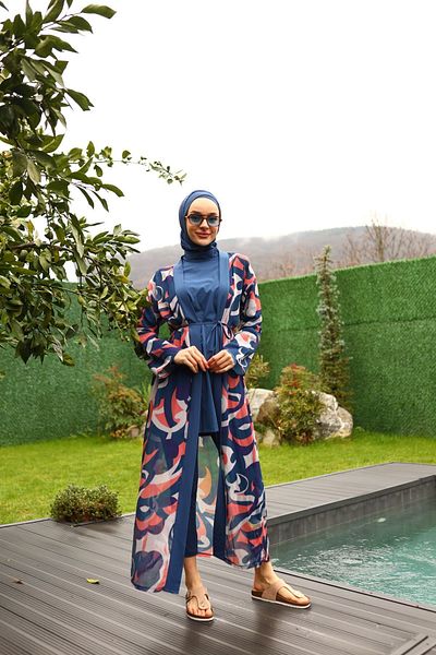 ButikKardelen Navy Blue Camellia Patterned Hijab Swimsuit - Pareo Detailed 5-Piece Set