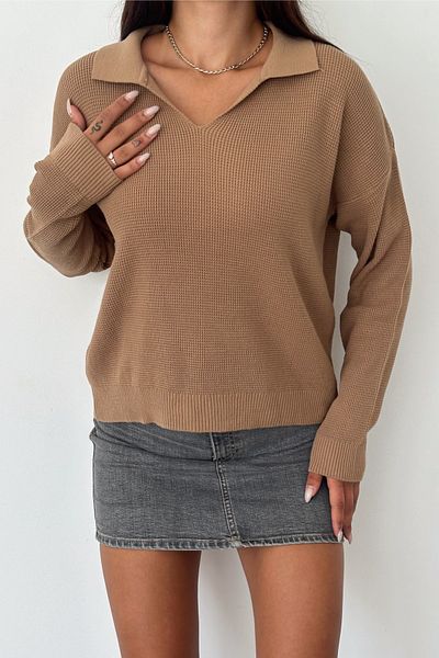 FEMELLE Brown Polo Collar Cotton Knitwear Women's Blouse