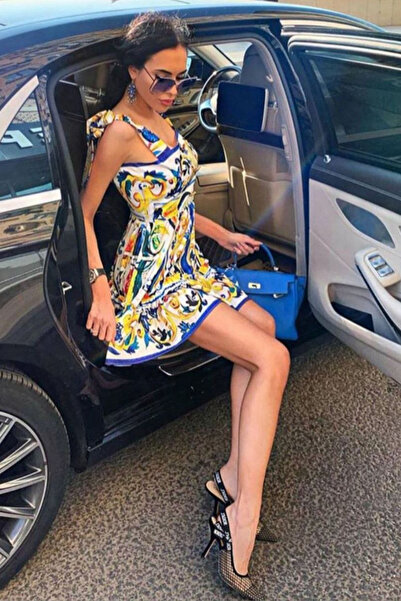 fehika White-Blue-Yellow Floral Printed Low-Cut Summer Dress