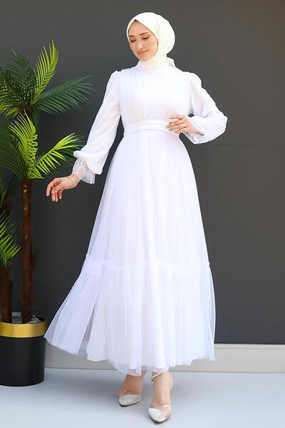 GİZ AGİYİM Λευκό φόρεμα από τούλι - Ζώνη και βολάν