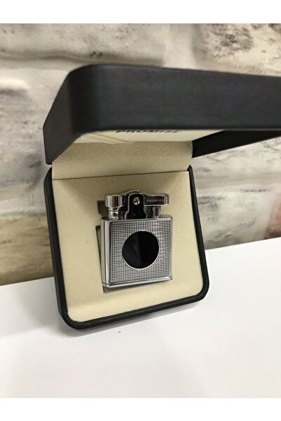 PROMISE Benzinli Gümüş Gri Yuvarlak Logo Desenli Çakmak