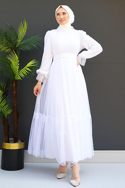 GİZ AGİYİM White Tulle Dress - Belted and Ruffled