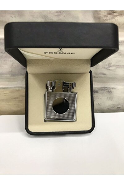 PROMISE Benzinli Gümüş Gri Yuvarlak Logo Desenli Çakmak