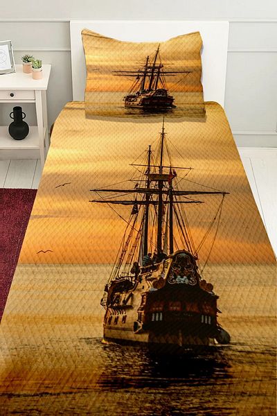 Else Dekor Ship Patterned Printed Bedspread - Single and Padded Pique Set