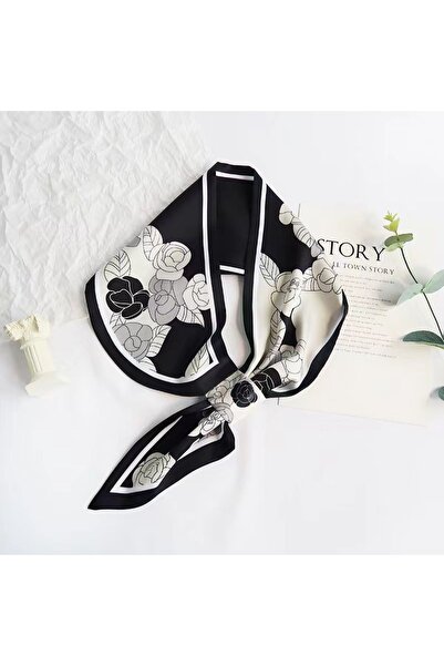 ElevaGlam Kravat Eşarp Siyah Çiçek Desenli