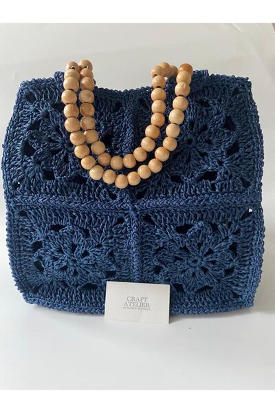 crafttatelier LACİVERT RENK ETNİK DESENLİ AHŞAP BONCUK ASKILI EL ÖRGÜSÜ KAĞIT İP ÇANTA