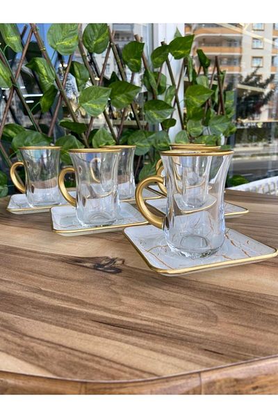 GÜRCÜGLASS طقم شاي بمقبض مربع أبيض بنمط رخامي