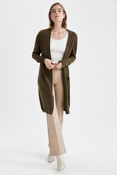 DeFacto Women's Khaki Long Basic Knitwear Cardigan G5685Az20Au