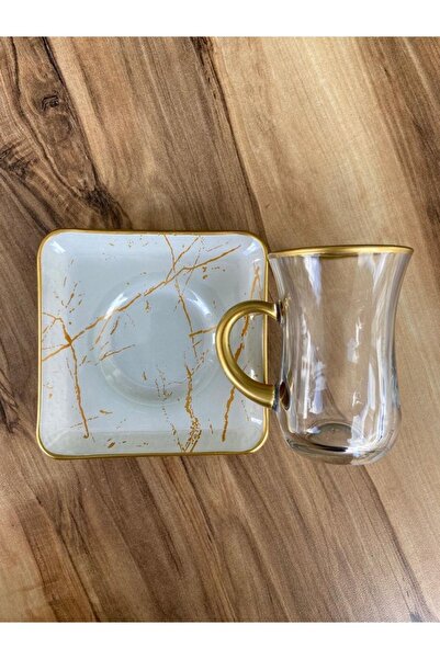GÜRCÜGLASS Marble Pattern White Square Handled Tea Set