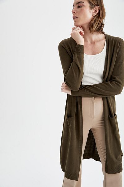 DeFacto Women's Khaki Long Basic Knitwear Cardigan G5685Az20Au