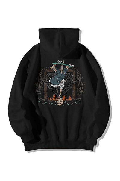 Stadium Hanorac negru unisex oversize cu glugă cu buzunar cangur cu imprimeu ...