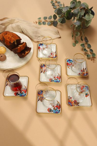 GÜRCÜGLASS طقم شاي مربع أبيض بنمط زهرة