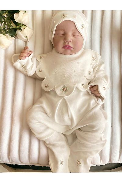 Mama Miel Baby Flower Collar Mevlite Suitable Pearl and Rose Jumpsuit and Slice Detailed Embroidered Beret Hat / Special Edition