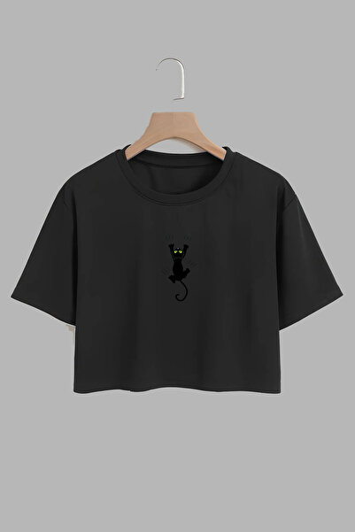 THEWERT قصة كبيرة الحجم للجنسين من القطن الأسود - تصميم قطة التسلق مطبوع