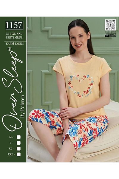 Over Sleep by Poleren Set de pijamale Capri pentru femei, cu mâneci scurte, de culoare galbenă
