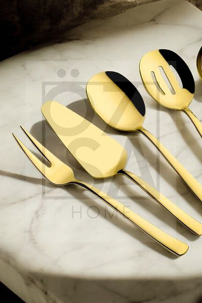 ÖzSa Home 5-Piece Stainless Steel Serving Set - Gold Sauce Presentation Set, Ladle, Colander, Spoon and Spatula