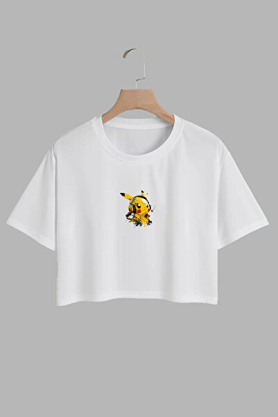 THEWERT توب قصير للجنسين بطبعة بيكاتشو باللون الأبيض - قطن، مقاس كبير