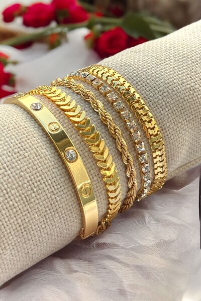 TAKIPORT Sevgililer Gününe Özel Gold Renk 5 Parçalı Kadın Bileklik Seti