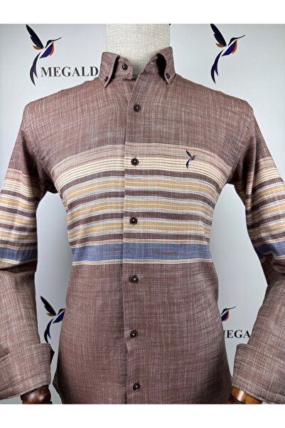 MEGALDİ Erkek Slim Fit Kesim Linen Keten Blok Desenli Kahverengi Uzun Kollu G...