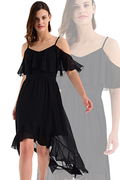 Laranor Γυναικείο μαύρο φόρεμα ασύμμετρο σιφόν με ρυθμιζόμενο λαιμόκοψη και β...