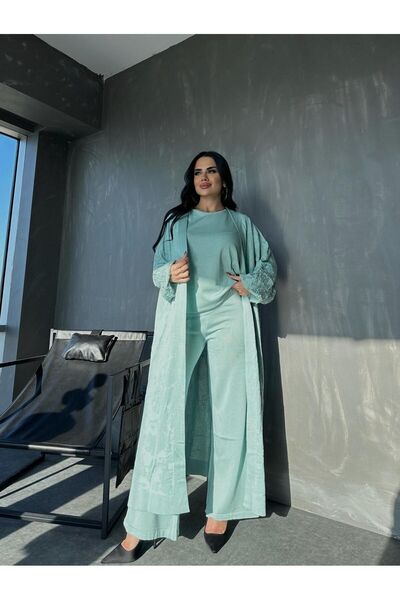 MAY MARA بدلة جاكار نسائية مكونة من 3 قطع وأكمام مطرزة بأحجار اللؤلؤ