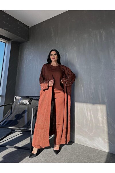 MAY MARA KADIN MERSERİZE 3 LÜ JAKARLI VE KOLLAR İNCİ TAŞ İŞLEMELİ TAKIM