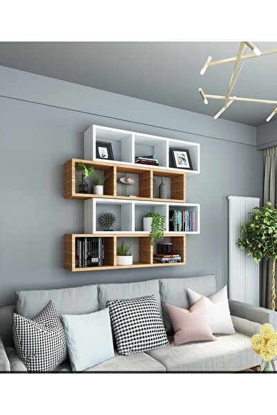 Dekormer Design Kitaplık Lux Yatay Duvar Rafı Kahve Beyaz 4 Lü Takım