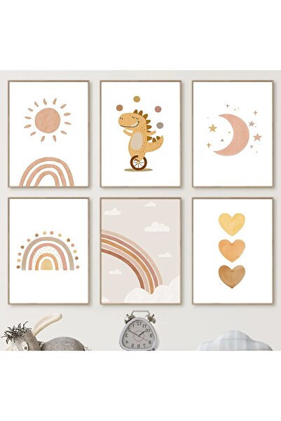 fabriflow exclusive Kalpli Bohem Fil ayı gökkusagı soft 6'lı Tablo Set