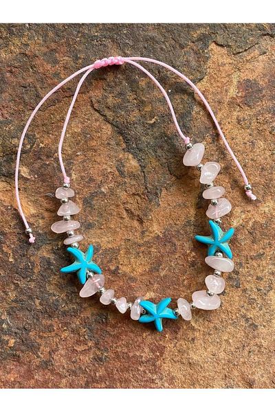 Stoneday Turquoise Silver Detailed Pink Quartz Rope Anklet - Starry