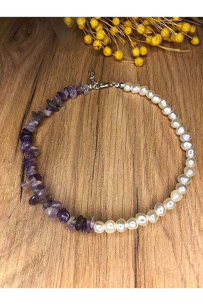 Stoneday Amethyst Natural Stone Special Design Pearl Necklace with Pearls