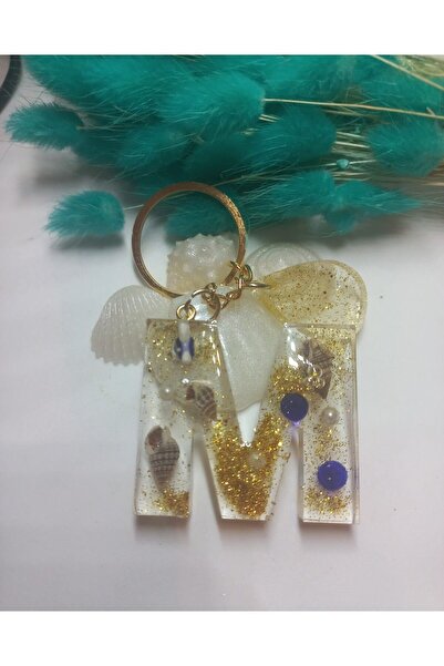 demirbasavm سلسلة مفاتيح مصنوعة يدويًا من الإيبوكسي بحرف M