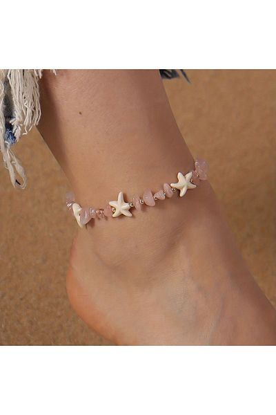 Stoneday Cream Starry Rope Anklet with Pink Quartz and Natural Stone Detail