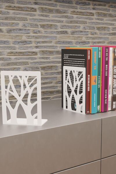 Ağaç Desenli Beyaz Metal Kitap Tutucu, Metal Kitap Desteği , (İkili Set)MK8B